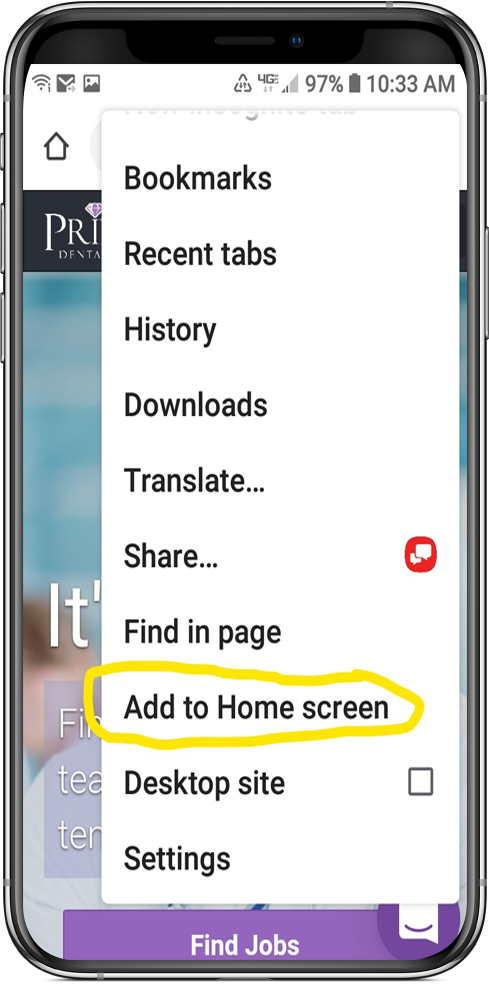 Image of android phone, showing dropdown menu with Add To Home Screen link, highlighted
