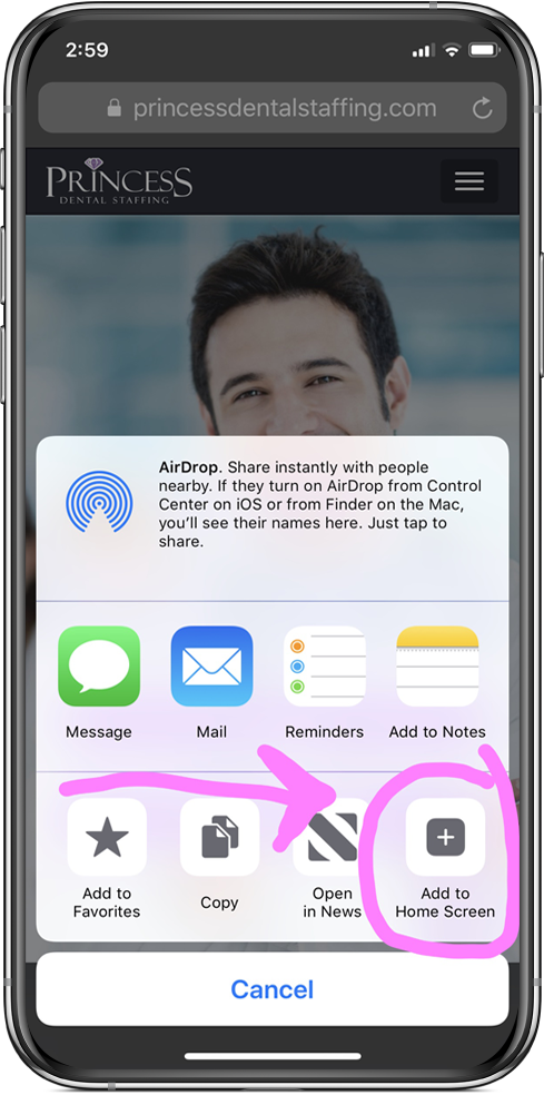 Image of iphone showing iOS Add To Home Screen option