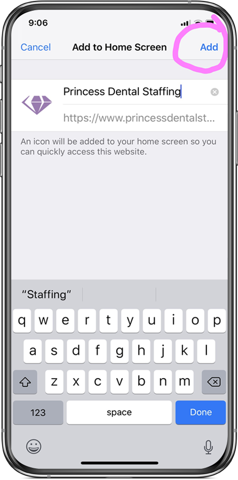 Image of iphone showing iOS finish adding to home screen option